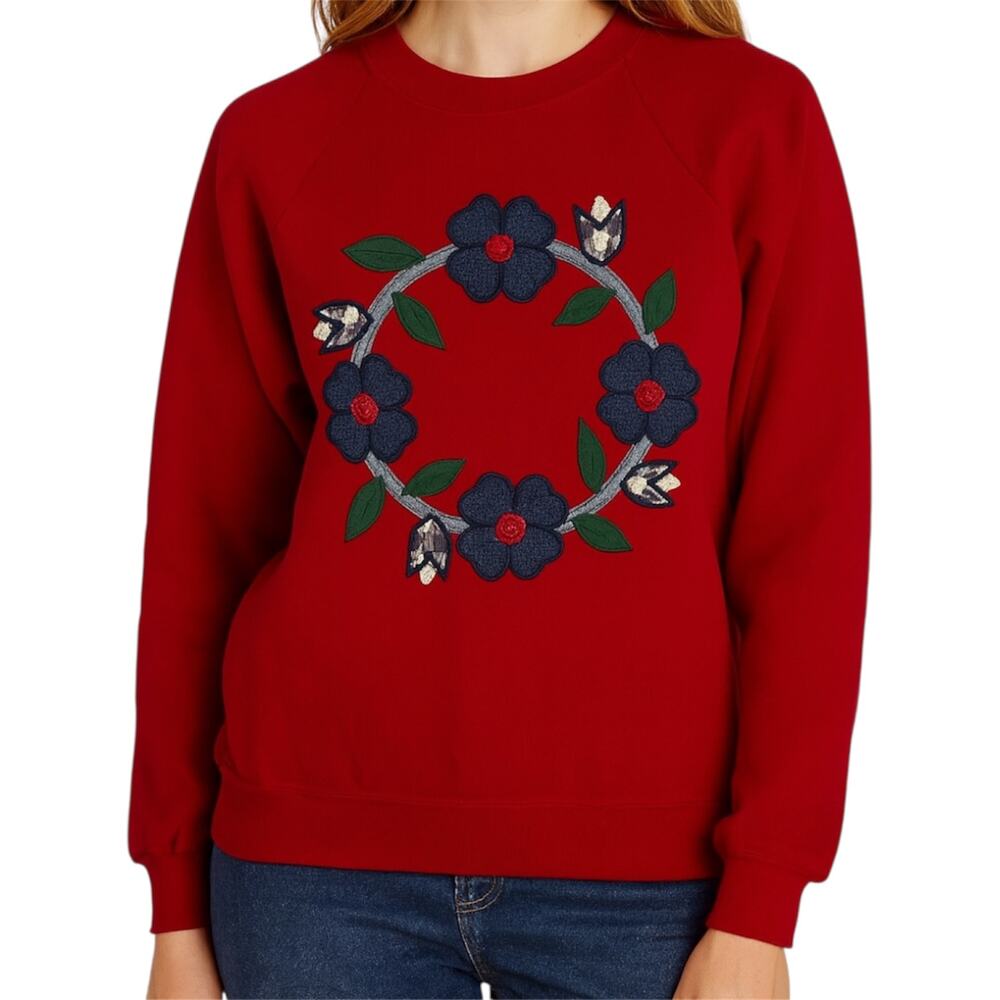 Vintage Hanes Floral Sweatshirt Embroidered Crew Oversized 100% Cotton Red Large